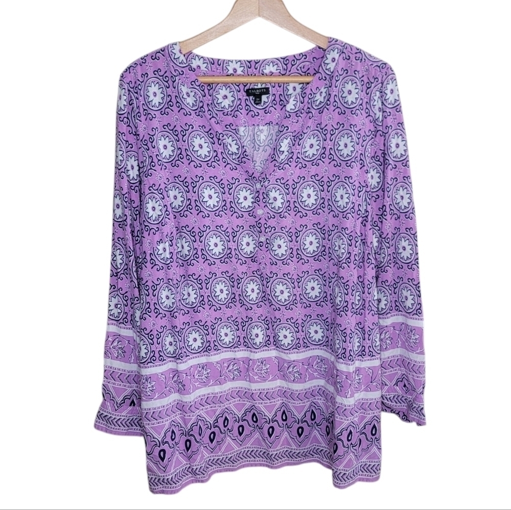 Talbots Purple White Navy Patterned Floral Medallion Blouse Size 2X Plus - Picture 1 of 5